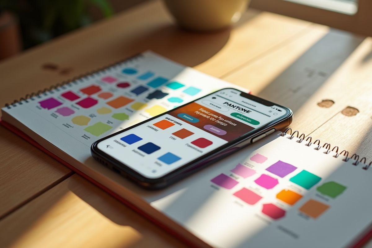 Smartphone affichant le site officiel Pantone avec échantillons colorés
