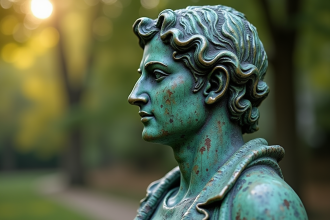 Statue en bronze patinée avec oxydation verte en extérieur