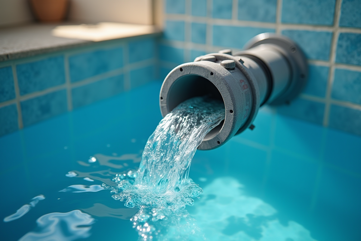Zoom sur une pompe de piscine avec bulles d'air en purge