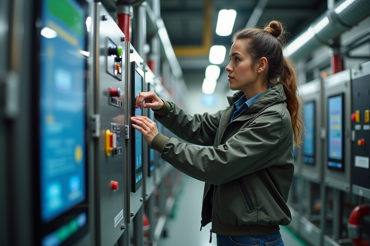 Jeune femme ajustant un panneau géothermique intérieur