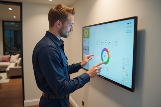 Technicien en maison connectée installant un panneau tactile moderne