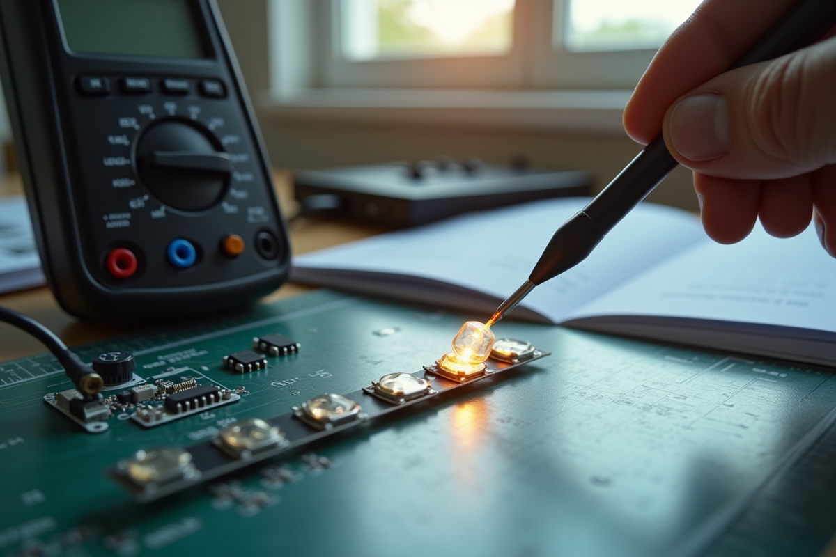 Test d une LED avec multimètre sur un plan de travail électronique