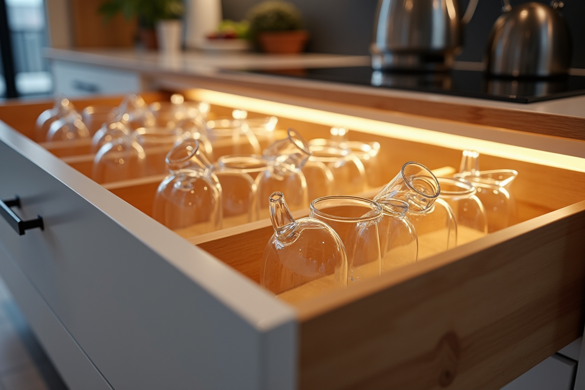 Tiroir de cuisine contemporaine avec verres inversés et éclairage