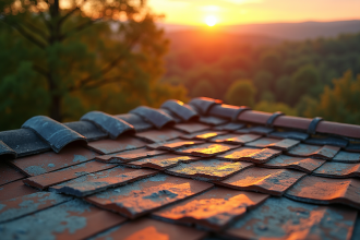 Toit en cuivre et ardoise au coucher de soleil avec arbres verts