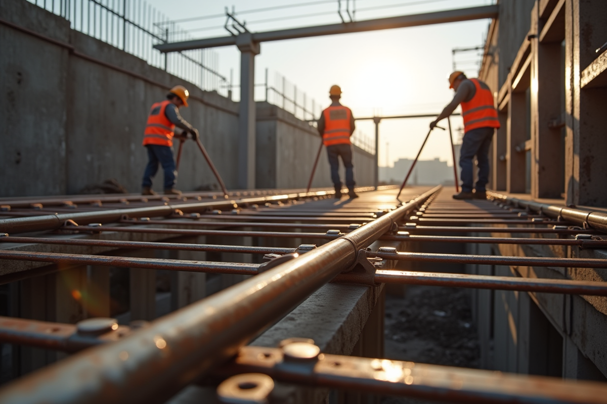 Ouvriers installant une armature en acier sur un chantier ensoleille